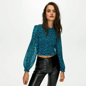 ARITZIA Wilfred Lilith Chiffon Cropped Blouse in Teal/Black, Size Medium